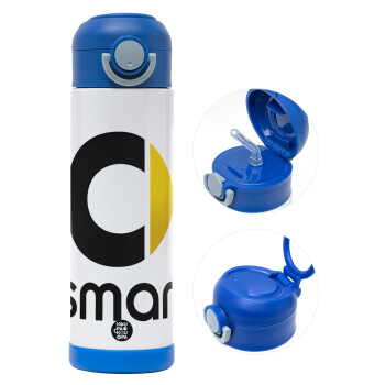 smart, Children's hot water bottle, stainless steel, with safety straw, BLUE (500ml)