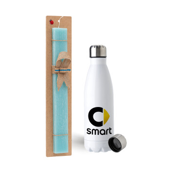 smart, Easter Set, metallic stainless steel water bottle (750ml) & aromatic flat Easter candle (30cm) (TURQUOISE)