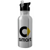 Water bottle Silver with straw, stainless steel 600ml