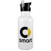 White water bottle with straw, stainless steel 600ml