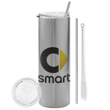 smart, Eco friendly ποτήρι θερμό Ασημένιο (tumbler) από ανοξείδωτο ατσάλι 600ml, με μεταλλικό καλαμάκι & βούρτσα καθαρισμού