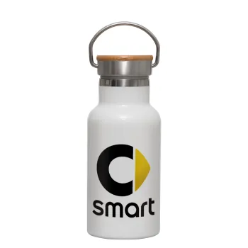 smart, Metallic thermos (Stainless steel) White with wooden lid (bamboo), double-walled, 350ml