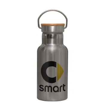 smart, Μεταλλικό παγούρι θερμός (Stainless steel) Ασημένιο με ξύλινο καπακι (bamboo), διπλού τοιχώματος, 350ml