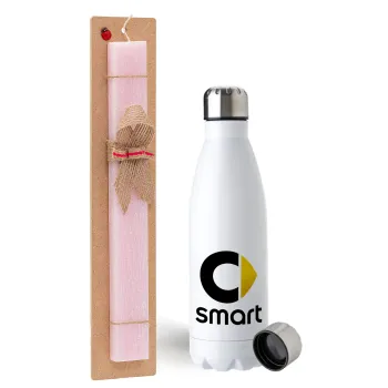 smart, Easter Set, metallic stainless steel water bottle (750ml) & scented flat Easter candle (30cm) (PINK)