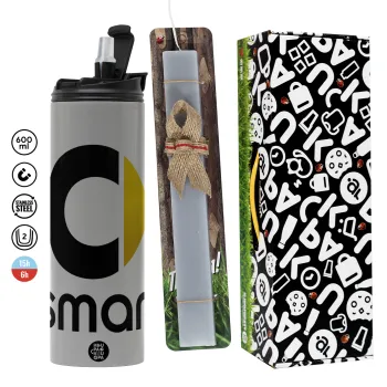 smart, Πασχαλινή Λαμπάδα με Travel Tumbler θερμό (600ml, BPA free) & κερί αρωματικό πλακέ (30cm) (ΓΚΡΙ)