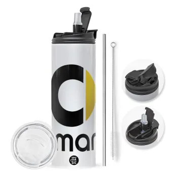 smart, Travel Tumbler θερμό με διπλό καπάκι, μεταλλικό καλαμάκι και βούρτσα καθαρισμού (Ανωξείδωτο 304 Food grade, BPA free, 600ml)