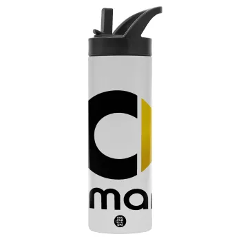 smart, Metallic thermos bottle with straw & handle, stainless steel (Stainless steel 304), double-walled, 600ml.