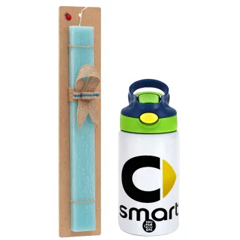 smart, Easter Set, Children's thermal stainless steel bottle with safety straw, green/blue (350ml) & aromatic flat Easter candle (30cm) (TURQUOISE)