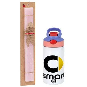 smart, Easter Set, Children's thermal stainless steel water bottle with safety straw, pink/purple (350ml) & Easter scented flat candle (30cm) (PINK)