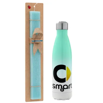 smart, Easter Set, Metallic green/white thermos (Stainless steel), double-walled, 500ml & scented flat Easter candle (30cm) (TURQUOISE)