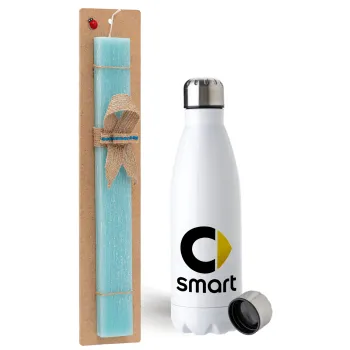 smart, Easter Set, metallic stainless steel water bottle (750ml) & aromatic flat Easter candle (30cm) (TURQUOISE)