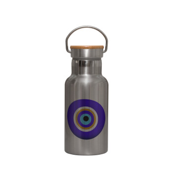 Το μάτι, Stainless steel metallic thermos flask, silver with a bamboo lid, double-walled, 350ml.
