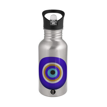 Το μάτι, Water bottle Silver with straw, stainless steel 500ml