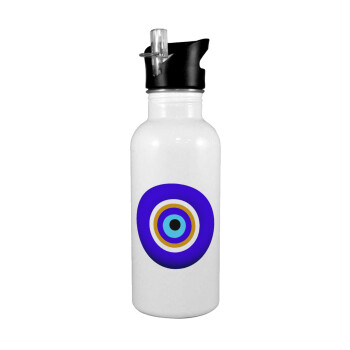 Το μάτι, White water bottle with straw, stainless steel 600ml