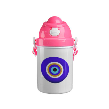 Το μάτι, Ροζ παιδικό παγούρι πλαστικό (BPA-FREE) με καπάκι ασφαλείας, κορδόνι και καλαμάκι, 400ml