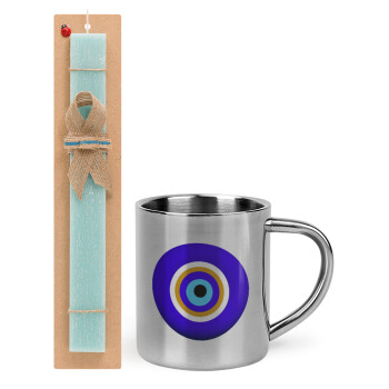 Το μάτι, Easter Set, metallic thermal cup (300ml) & aromatic flat Easter candle (30cm) (TURQUOISE)