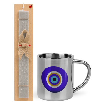 Το μάτι, Easter Set, metallic thermal cup (300ml) & Easter aromatic flat candle (30cm) (GRAY)