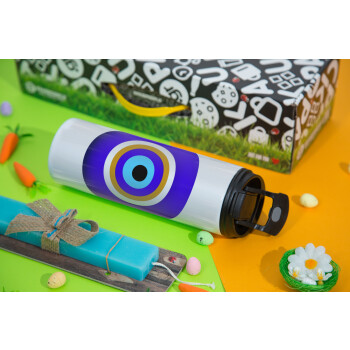 Το μάτι, Easter candle,Travel Tumbler 2 Lids, with metal straw & cleaning brush & aromatic flat candle (30cm) (BLUE)