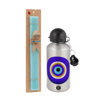 Το μάτι, Πασχαλινή Λαμπάδα με παγούρι μεταλλικό Ασημένιο αλουμινίου (500ml) & κερί αρωματικό πλακέ (30cm) (ΤΙΡΚΟΥΑΖ)