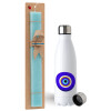 Easter Set, metallic stainless steel water bottle (750ml) & aromatic flat Easter candle (30cm) (TURQUOISE)