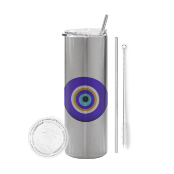 Το μάτι, Tumbler stainless steel Silver 600ml, with metal straw & cleaning brush