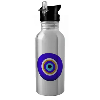 Το μάτι, Water bottle Silver with straw, stainless steel 600ml