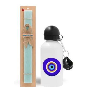Το μάτι, Easter Set, metallic aluminum water bottle (500ml) & scented flat candle (30cm) (TURQUOISE)