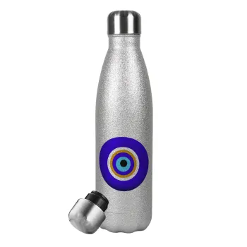 Το μάτι, Μεταλλικό παγούρι θερμός Glitter Aσημένιο (Stainless steel), διπλού τοιχώματος, 500ml