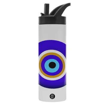 Το μάτι, Μεταλλικό παγούρι θερμός με καλαμάκι & χειρολαβή, ανοξείδωτο ατσάλι (Stainless steel 304), διπλού τοιχώματος, 600ml