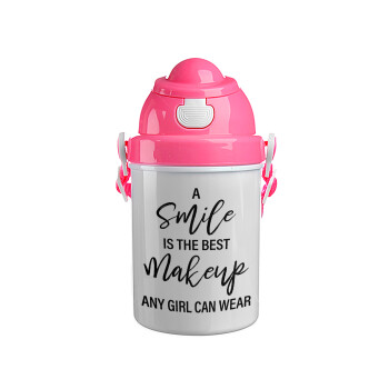 A slime is the best makeup any girl can wear, Ροζ παιδικό παγούρι πλαστικό (BPA-FREE) με καπάκι ασφαλείας, κορδόνι και καλαμάκι, 400ml