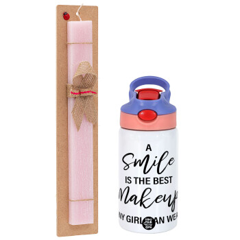A slime is the best makeup any girl can wear, Easter Set, Children's thermal stainless steel water bottle with safety straw, pink/purple (350ml) & Easter scented flat candle (30cm) (PINK)