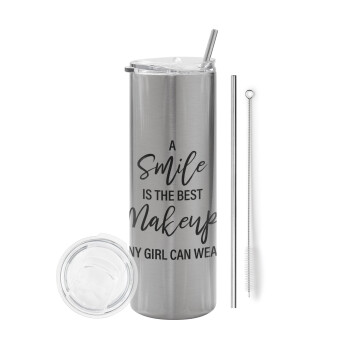 A slime is the best makeup any girl can wear, Eco friendly stainless steel Silver tumbler 600ml, with metal straw & cleaning brush
