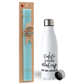 A slime is the best makeup any girl can wear, Easter Set, metallic stainless steel water bottle (750ml) & aromatic flat Easter candle (30cm) (TURQUOISE)