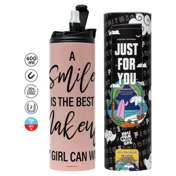 A slime is the best makeup any girl can wear, Tumbler ποτήρι θερμό ΡΟΖ από ανοξείδωτο ατσάλι 600ml