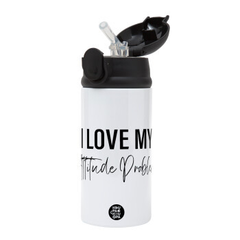 I love my attitude problem, Children's hot water bottle, stainless steel, with safety straw, Black (360ml) BPA-FREE