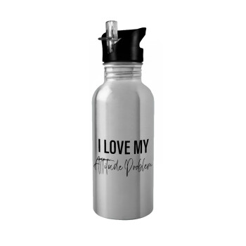 I love my attitude problem, Water bottle Silver with straw, stainless steel 600ml