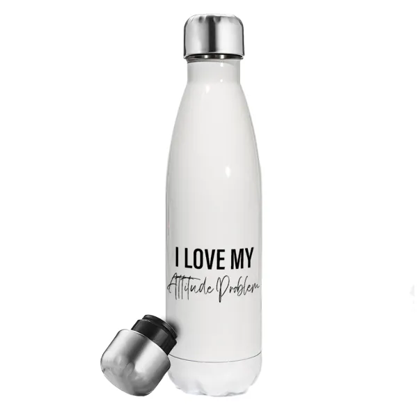 I love my attitude problem — Μεταλλικό παγούρι θερμός Λευκό (Stainless steel), διπλού τοιχώματος, 500ml