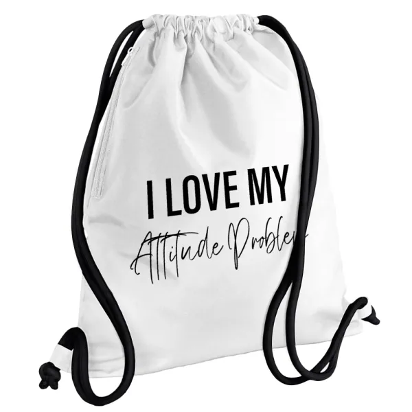 I love my attitude problem — Τσάντα πλάτης πουγκί GYMBAG λευκή, με τσέπη (40x48cm) & χονδρά κορδόνια