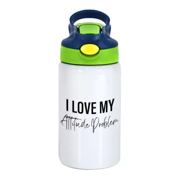 I love my attitude problem, Children's hot water bottle, stainless steel, with safety straw, green, blue (350ml)
