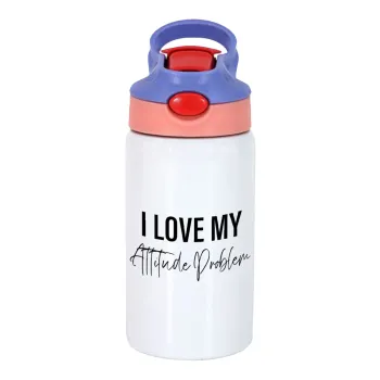 I love my attitude problem, Παιδικό παγούρι θερμό, ανοξείδωτο, με καλαμάκι ασφαλείας, ροζ/μωβ (350ml)