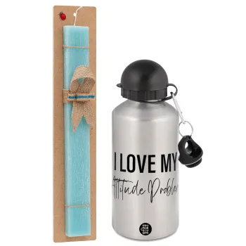 I love my attitude problem, Easter Set, metallic silver aluminum water bottle (500ml) & scented flat Easter candle (30cm) (TURQUOISE)