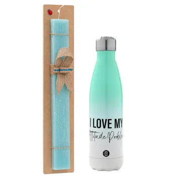 I love my attitude problem, Easter Set, Metallic green/white thermos (Stainless steel), double-walled, 500ml & scented flat Easter candle (30cm) (TURQUOISE)