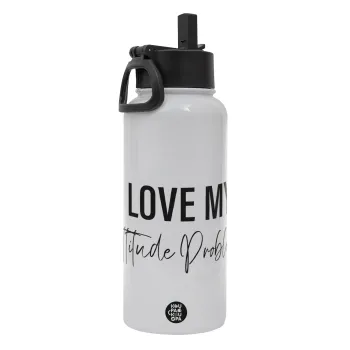 I love my attitude problem, Metal mug thermo White with Straw and Spout Lid (Stainless steel), double wall, 950ml