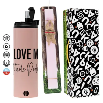 I love my attitude problem, Easter candle,Travel Tumbler 2 Lids, with metal straw & cleaning brush & aromatic flat candle (30cm) (PINK)