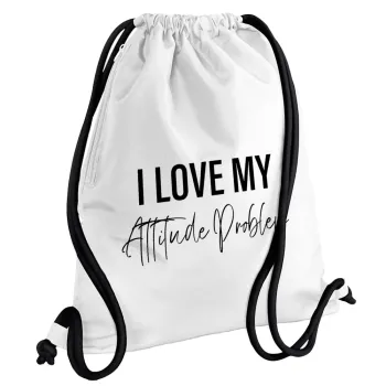 I love my attitude problem, Backpack pouch GYMBAG white, with pocket (40x48cm) & thick cords