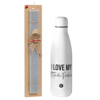 I love my attitude problem, Easter Set, metallic stainless thermos bottle (500ml) & scented flat Easter candle (30cm) (GRAY)