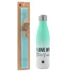 Easter Set, Metallic green/white thermos (Stainless steel), double-walled, 500ml & scented flat Easter candle (30cm) (TURQUOISE)