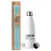 Easter Set, metallic stainless steel water bottle (750ml) & aromatic flat Easter candle (30cm) (TURQUOISE)