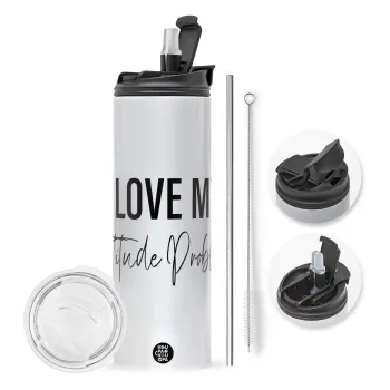 I love my attitude problem, Travel Tumbler θερμό με διπλό καπάκι, μεταλλικό καλαμάκι και βούρτσα καθαρισμού (Ανωξείδωτο 304 Food grade, BPA free, 600ml)