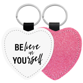 Believe in your self, Μπρελόκ PU δερμάτινο glitter καρδιά ΡΟΖ